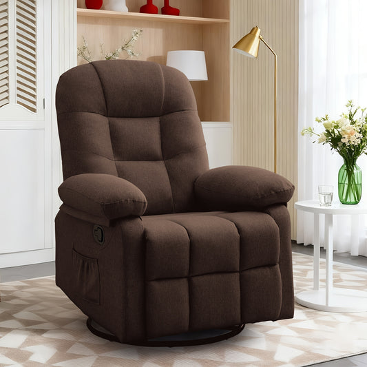 Small Space-Saving 360° Swivel Manual Recliner Chair with Full Armrests & Side Pockets, Ergonomic Light Beige Linen Fabric Rocking Chair for Living Room Accent Seating