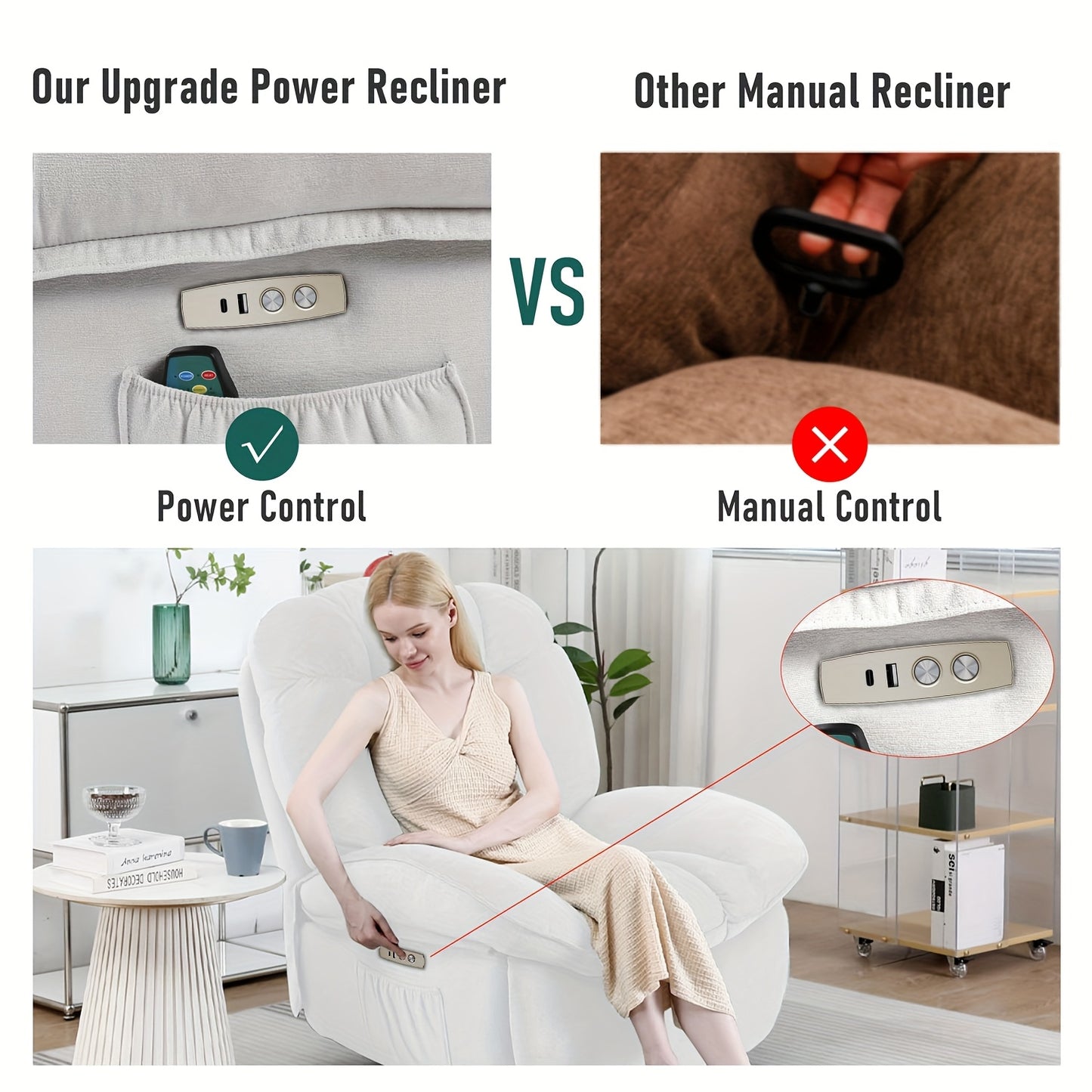 Modern Power Recliner Chair with Massage, Heated & USB Type A & C Charging Ports - Heavy-Duty Electric Recliner Sofa with Remote Control, Swivel Base, Side Pocket