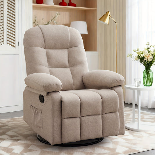 Small Space-Saving 360° Swivel Manual Recliner Chair with Full Armrests & Side Pockets, Ergonomic Light Beige Linen Fabric Rocking Chair for Living Room Accent Seating