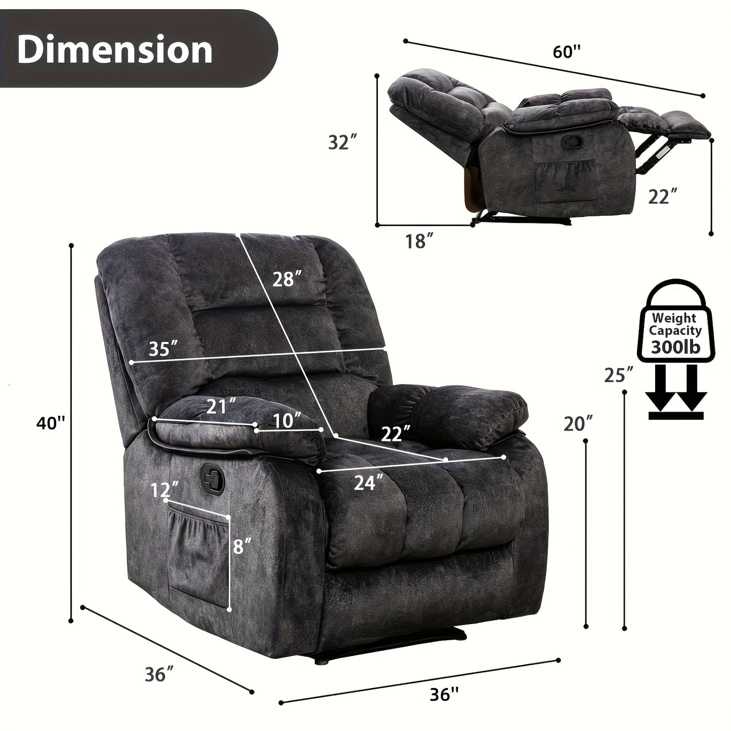 Oversized Manual Recliner Chair with Massage & Heating | Oversized Overstuffed Reclining Sofa with Side Pockets