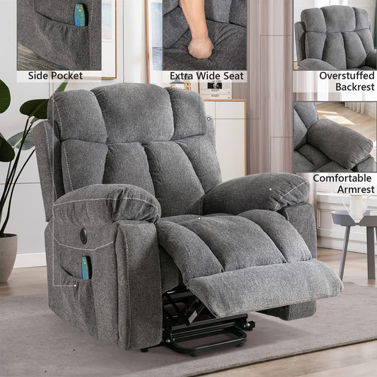 Power Lift Recliner Chair, Large Heavy-Duty Wide Overstuffed with Massage & Heat, Adjustable Height, USB Port & Cup Holders, for Elderly & Seniors, Plush Microfiber Upholstery, Gray, Easy Assembly