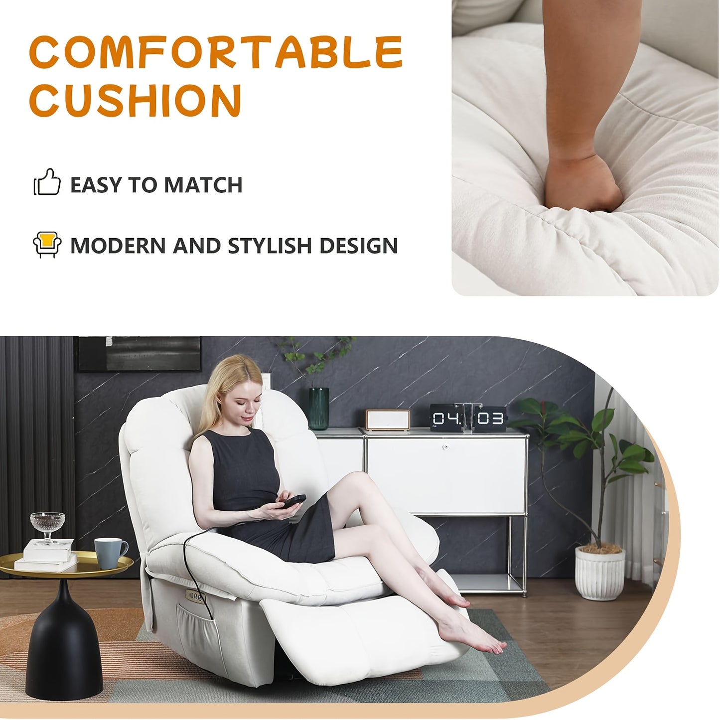 Modern Power Recliner Chair with Massage, Heated & USB Type A & C Charging Ports - Heavy-Duty Electric Recliner Sofa with Remote Control, Swivel Base, Side Pocket