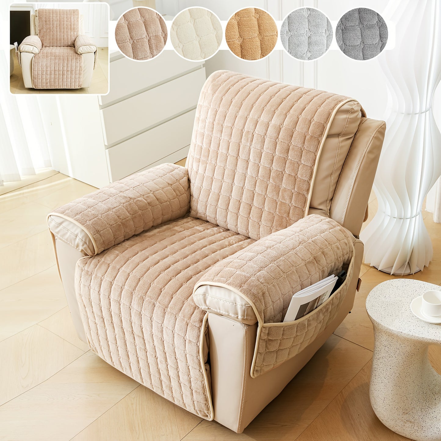 Butterfly Leaf Flannel Chivas Sofa Cover 1pc – European & American Solid Color Short Plush Single Seat Cushion, Thickened Warm Autumn/Winter Recliner Pad, Pet-Friendly Non-Slip Durable Washable Armchair Protector for Bedroom, Living Room, Office