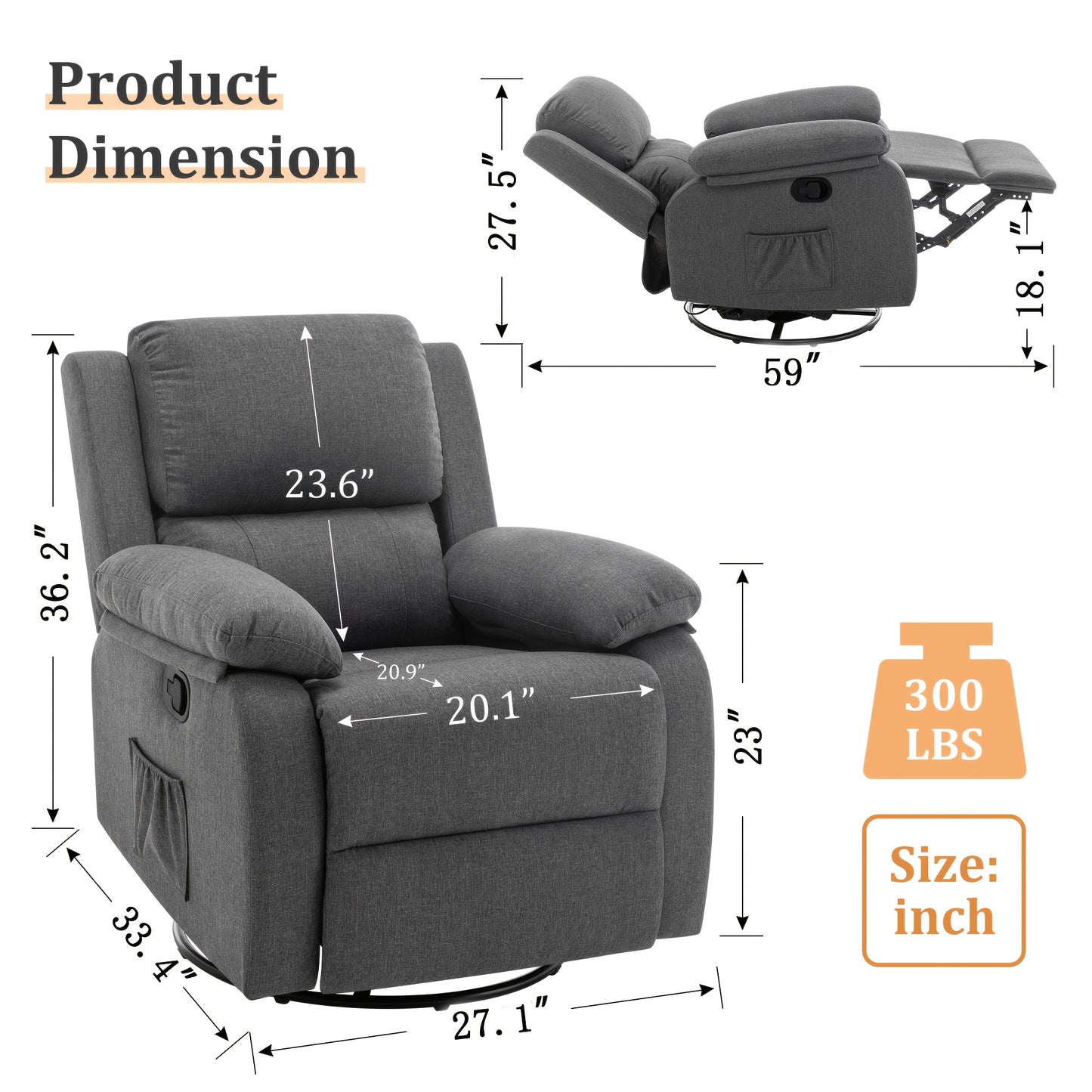 Small Space, Rocking & 360 degree Swivel Recliner with Pocket - Comfortable Upgrade