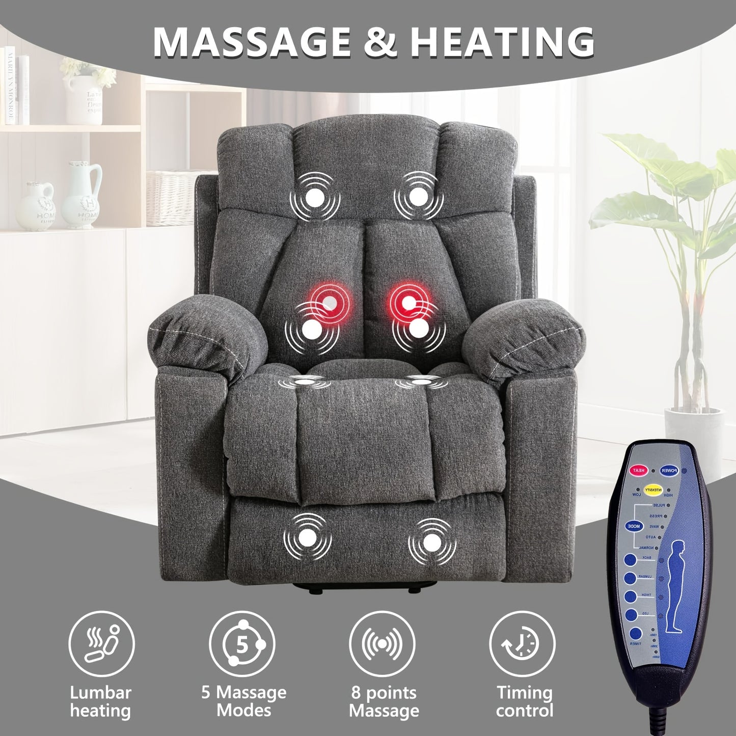 Power Lift Recliner Chair, Large Heavy-Duty Wide Overstuffed with Massage & Heat, Adjustable Height, USB Port & Cup Holders, for Elderly & Seniors, Plush Microfiber Upholstery, Gray, Easy Assembly