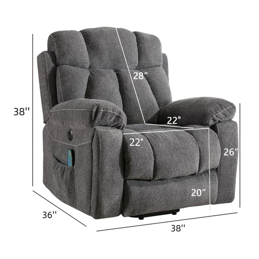 Power Lift Recliner Chair, Large Heavy-Duty Wide Overstuffed with Massage & Heat, Adjustable Height, USB Port & Cup Holders, for Elderly & Seniors, Plush Microfiber Upholstery, Gray, Easy Assembly