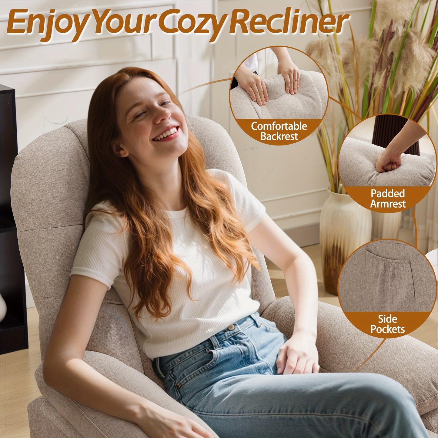 Small Space-Saving 360° Swivel Manual Recliner Chair with Full Armrests & Side Pockets, Ergonomic Light Beige Linen Fabric Rocking Chair for Living Room Accent Seating