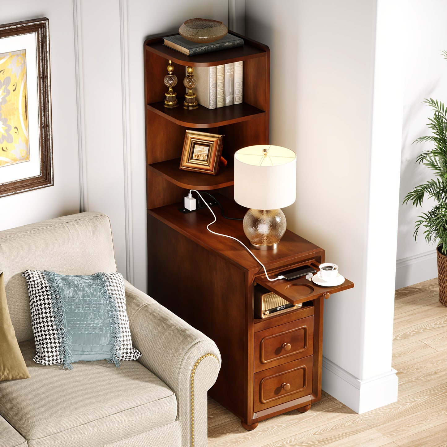 Solid Wood End Table with Charging Station