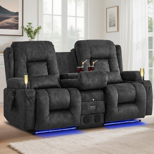 Power Loveseat Recliner Sofa with Massage & Heat, Flipped Backrest Console, LED Lighting, USB Outlets, Velvet Upholstery – Home Theater Seating RV Couch