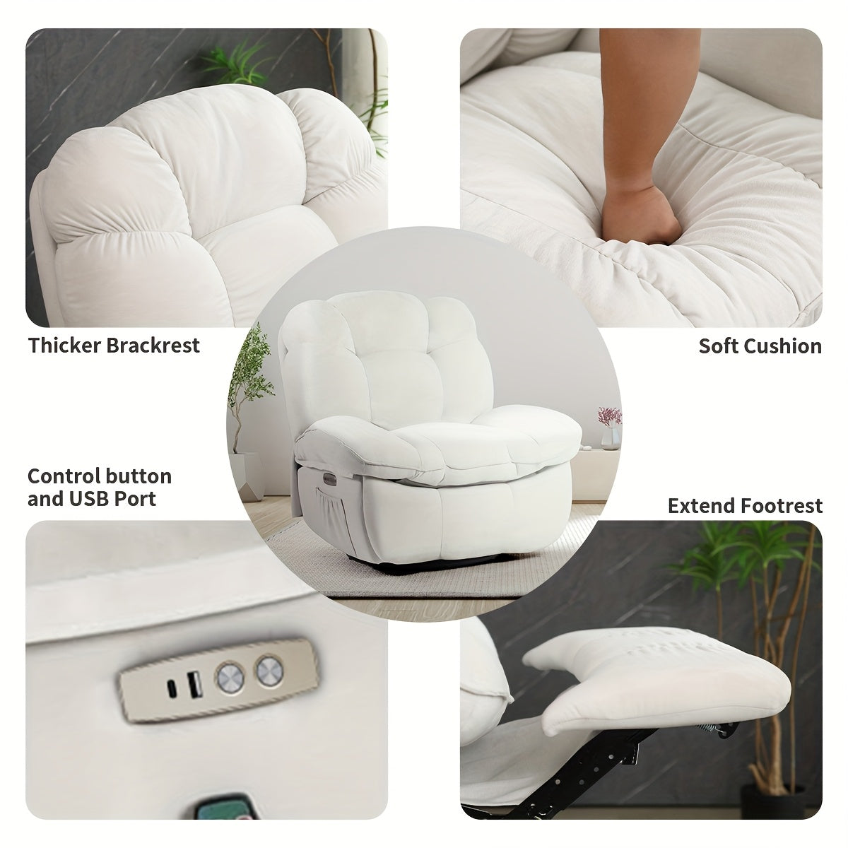 Modern Power Recliner Chair with Massage, Heated & USB Type A & C Charging Ports - Heavy-Duty Electric Recliner Sofa with Remote Control, Swivel Base, Side Pocket