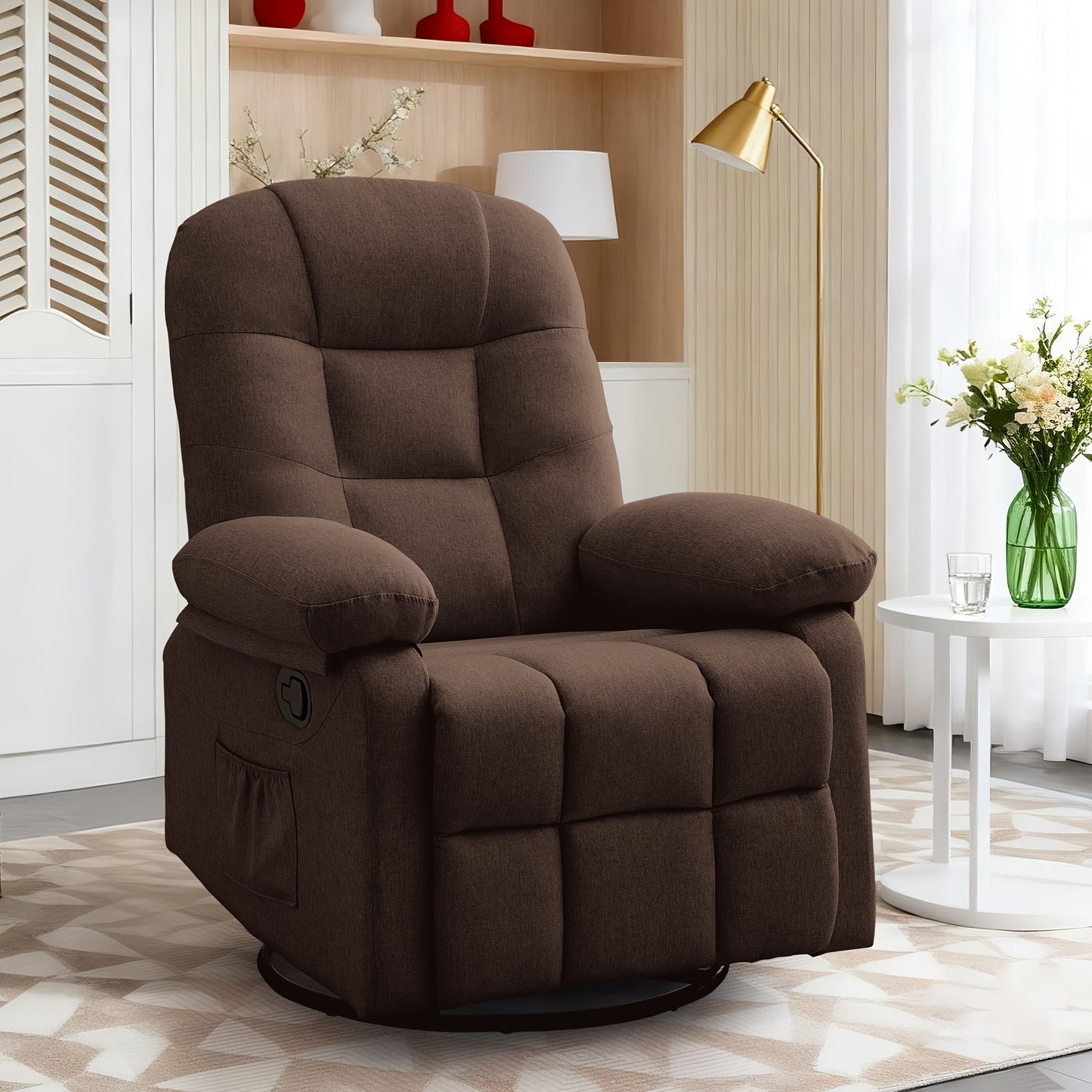 Small Space-Saving 360° Swivel Manual Recliner Chair with Full Armrests & Side Pockets, Ergonomic Light Beige Linen Fabric Rocking Chair for Living Room Accent Seating