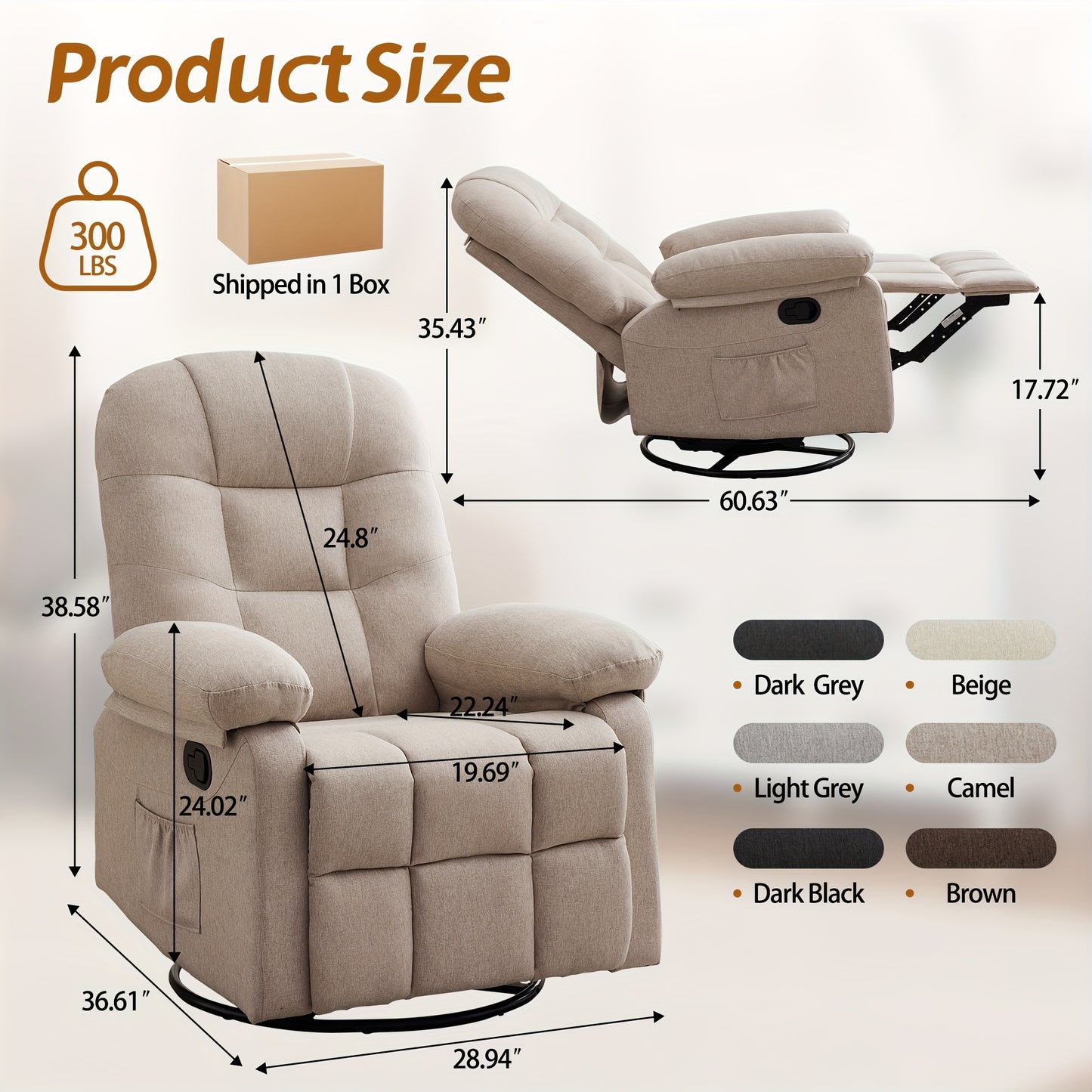 Small Space-Saving 360° Swivel Manual Recliner Chair with Full Armrests & Side Pockets, Ergonomic Light Beige Linen Fabric Rocking Chair for Living Room Accent Seating