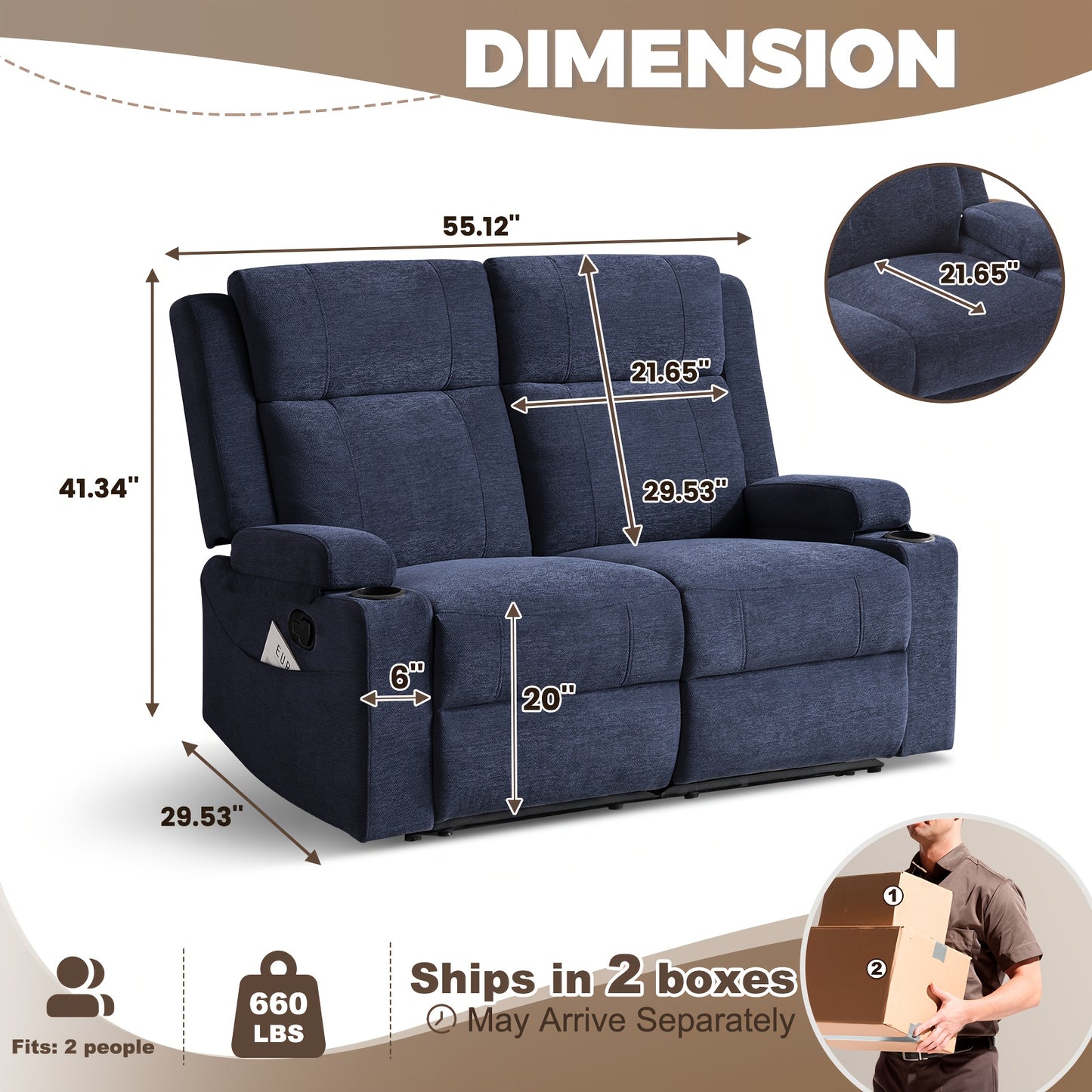 Manual Recliner Loveseat Sofa – Heavy-Duty Blue Chenille Sleeper Couch with Cup Holders & Side Pocket, Manual Recliner, No Electricity, Space-Saving for Living Room, Apartment, Office – Modern, Durable, Comfortable Seating