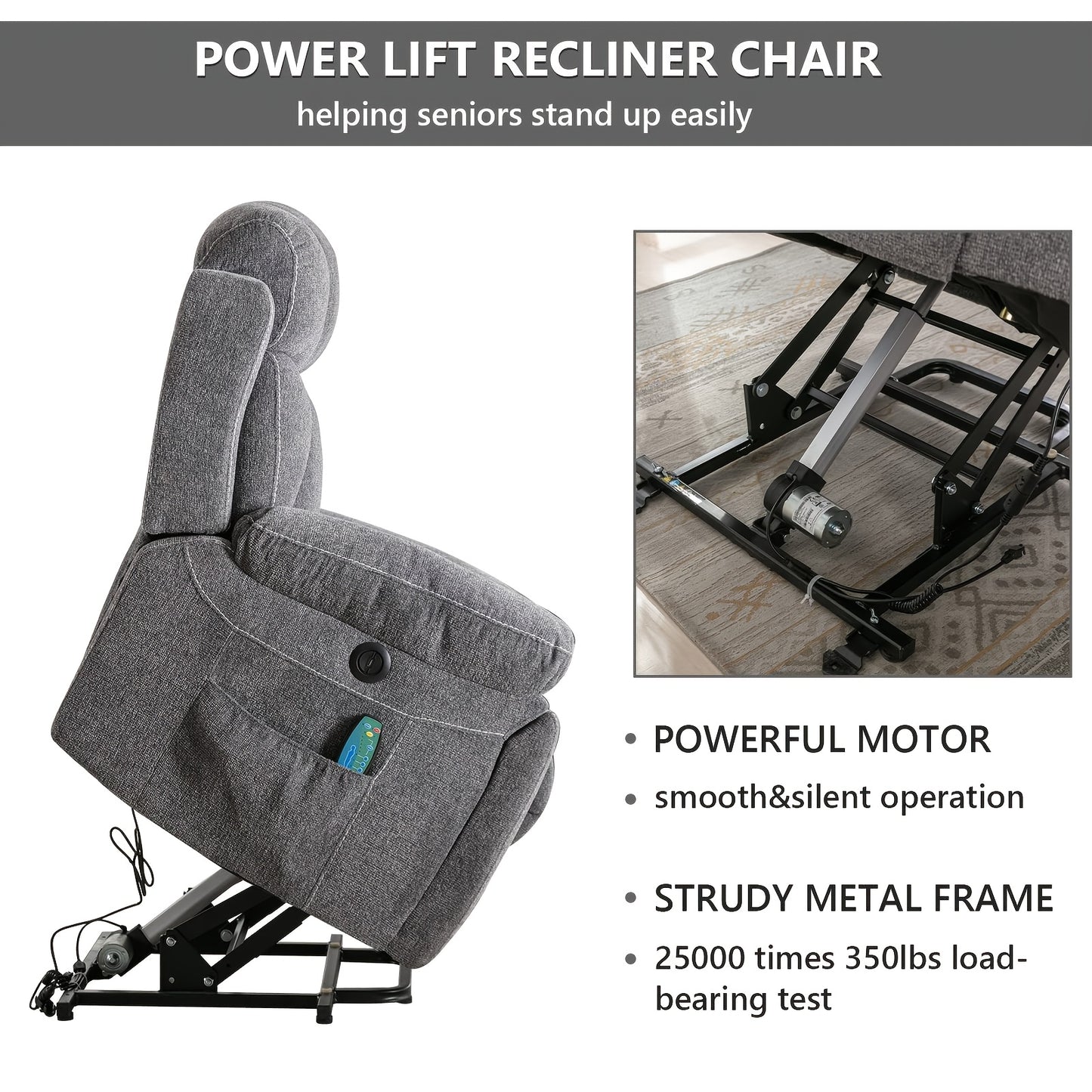 Power Lift Recliner Chair, Large Heavy-Duty Wide Overstuffed with Massage & Heat, Adjustable Height, USB Port & Cup Holders, for Elderly & Seniors, Plush Microfiber Upholstery, Gray, Easy Assembly