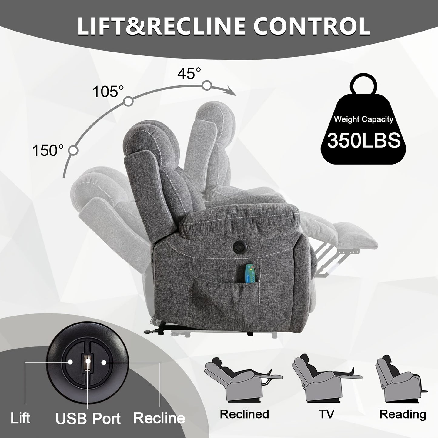 Power Lift Recliner Chair, Large Heavy-Duty Wide Overstuffed with Massage & Heat, Adjustable Height, USB Port & Cup Holders, for Elderly & Seniors, Plush Microfiber Upholstery, Gray, Easy Assembly