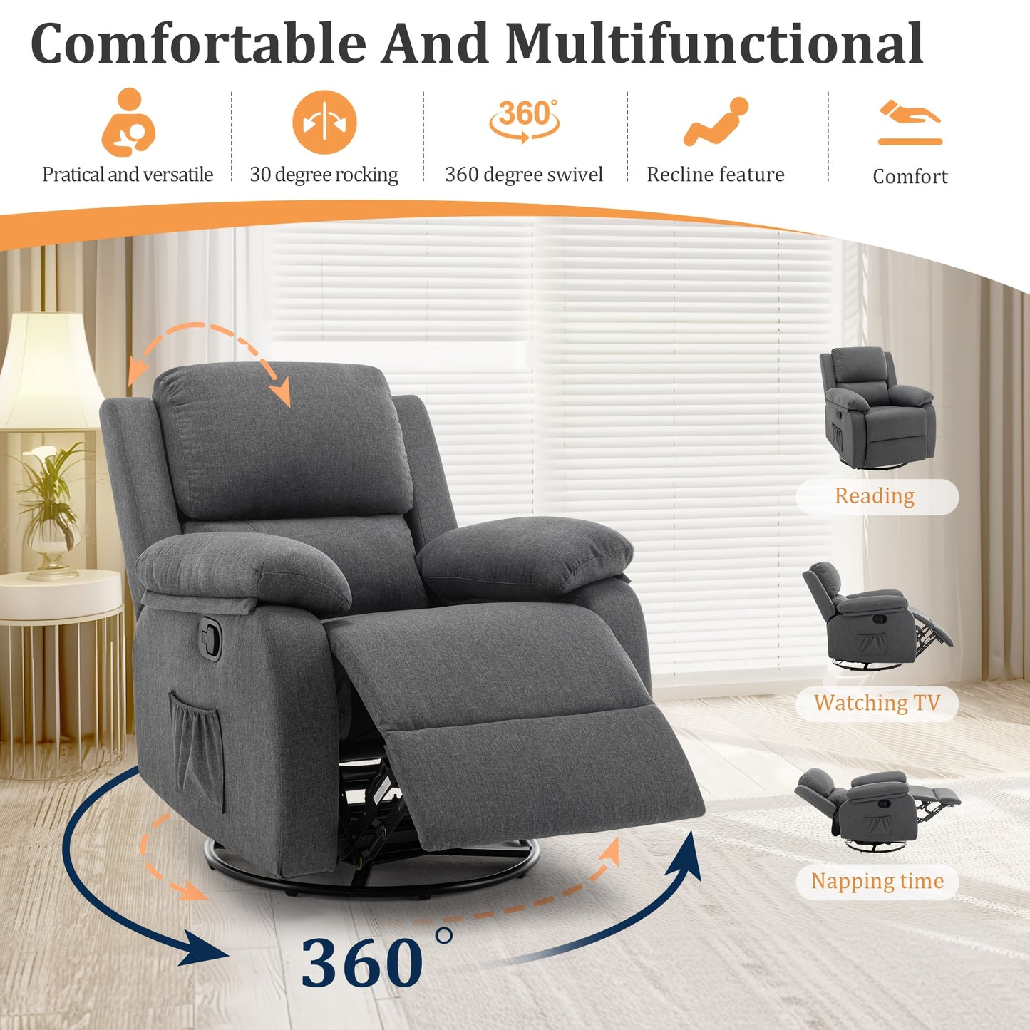 Small Space, Rocking & 360 degree Swivel Recliner with Pocket - Comfortable Upgrade