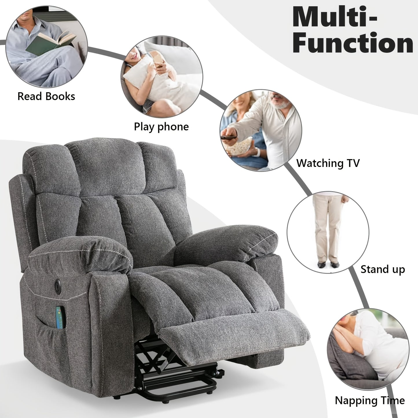 Power Lift Recliner Chair, Large Heavy-Duty Wide Overstuffed with Massage & Heat, Adjustable Height, USB Port & Cup Holders, for Elderly & Seniors, Plush Microfiber Upholstery, Gray, Easy Assembly