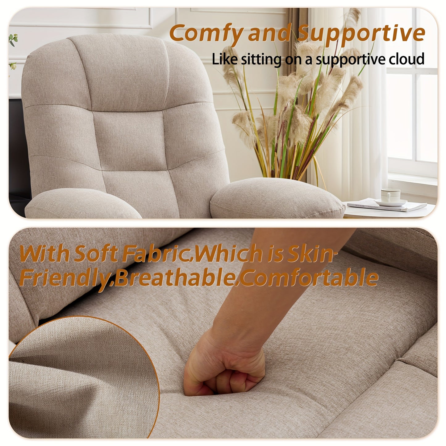 Small Space-Saving 360° Swivel Manual Recliner Chair with Full Armrests & Side Pockets, Ergonomic Light Beige Linen Fabric Rocking Chair for Living Room Accent Seating