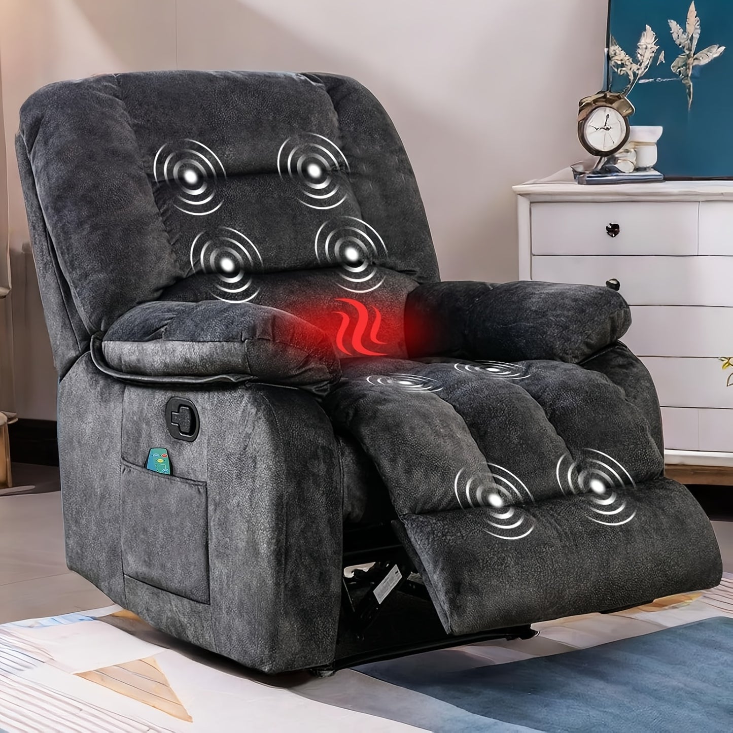 Oversized Manual Recliner Chair with Massage & Heating | Oversized Overstuffed Reclining Sofa with Side Pockets
