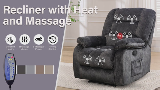 Oversized Manual Recliner Chair with Massage & Heating | Oversized Overstuffed Reclining Sofa with Side Pockets